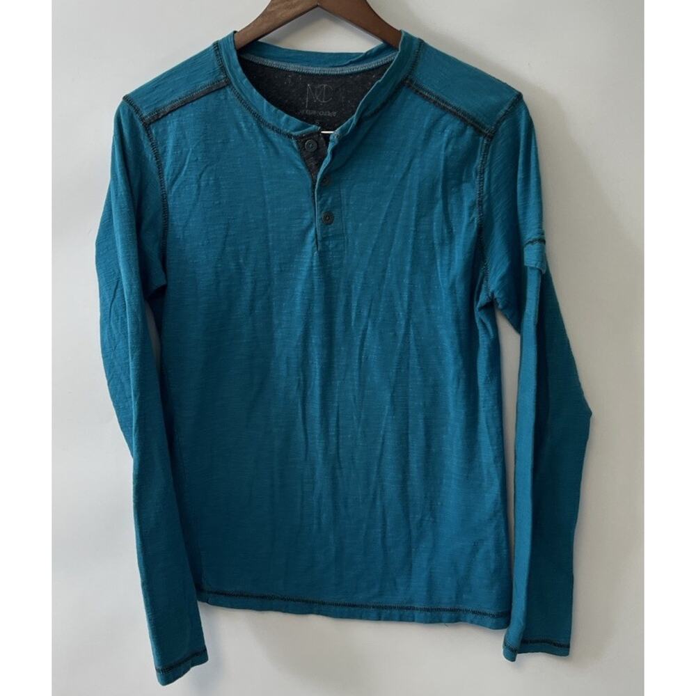 Retro Mens Henley Shirt Teal Blue Size Small Long Sleeve Slim Fit 100% Cotton